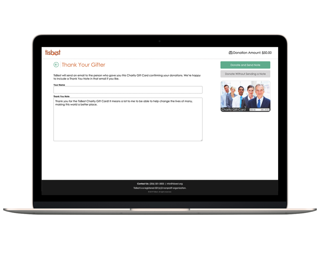 After receiving your branded corporate gifts and making their charity selections, your recipients have the option of sending you a thank you email.