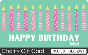 A TisBest Charity Gift Card featuring a cheerful happy birthday candles design.