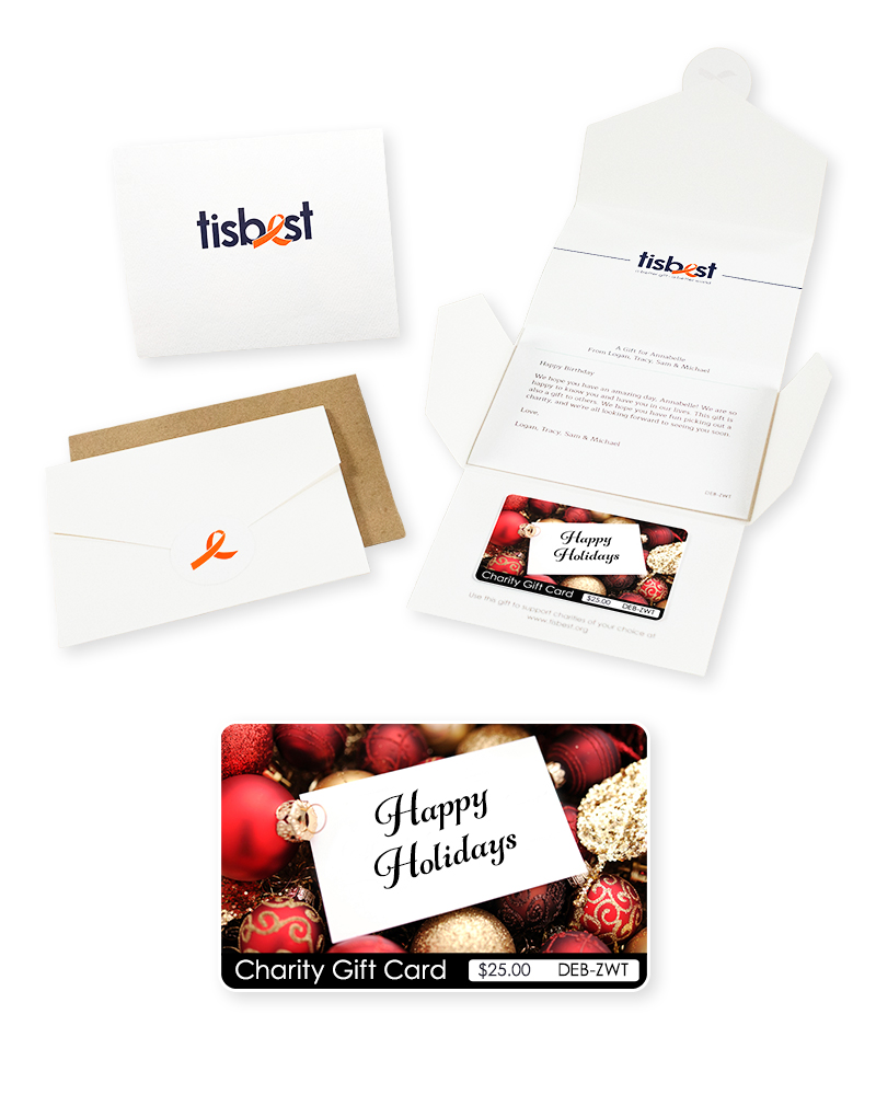 Example of what TisBest Charity Gift Card recipients receive when someone sends them one of our bio-plastic gift cards.