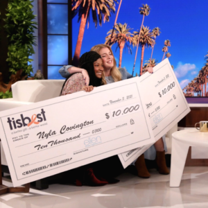 Nyla Covington and Brittany Walters each receive a check and TisBest Charity Gift Card on The Ellen DeGeneres Show.