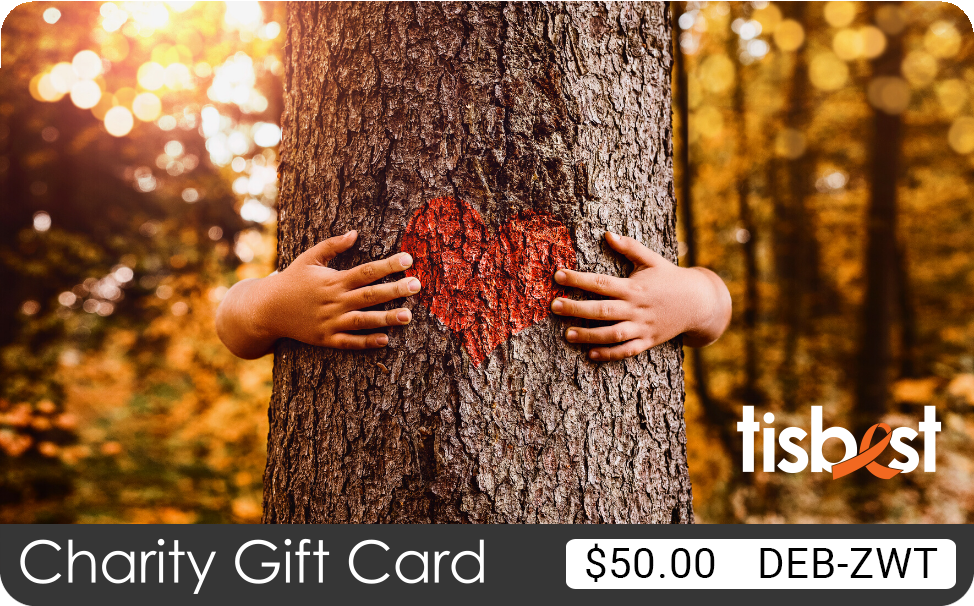 A TisBest Charity Gift Card featuring a person hugging a tree.