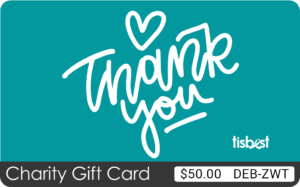 A TisBest Charity Gift Card featuring a teal and white "Thank You" design. 
