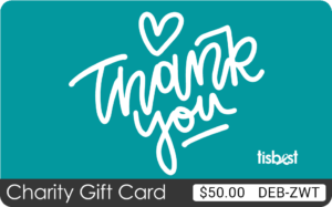 A TisBest Charity Gift Card design featuring a white "Thank You" message scrolled over an attractive teal-colored background.