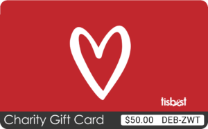 A TisBest Charity Gift Card with a red and white heart design.