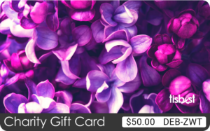 A TisBest Charity Gift Card with a purple colored floral design.