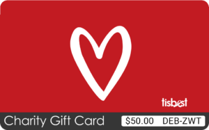 A TisBest Charity Gift Card with a red and white heart design. 