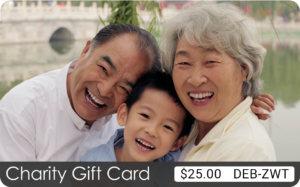 A TisBest Charity Gift Card design featuring the image of two grandparents and their grandchild.