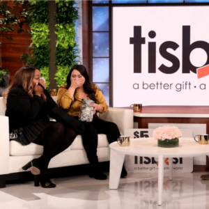 Rita Williams and Jazmine Castillo receive gifts from Ellen and TisBest Philanthropy on the Ellen DeGeneres Show.