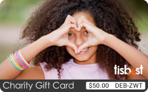 A TisBest Charity Gift Card featuring the image of a young girl making a heart sign with her hands. 