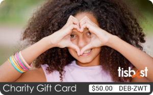 A TisBest Charity Gift Card featuring the image of a young girl making a heart sign with her hands.