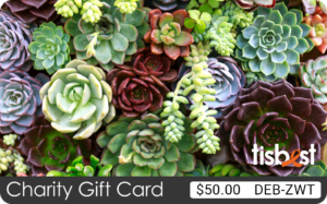 A TisBest Charity Gift Card featuring an eclectic botanical design, used as unique wedding favors. 