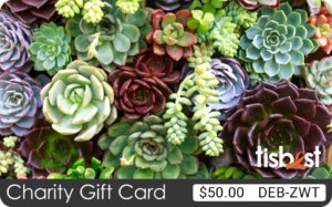 A TisBest Charity Gift Card featuring an eclectic botanical design, used as unique wedding favors.