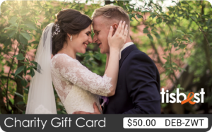 A TisBest Charity Gift Card featuring an image of a newlywed couple, used as unique wedding favors.