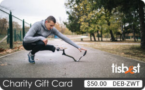 A TisBest Charity Gift Card design featuring a para athlete with a prosthetic leg stretching before a run.