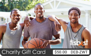 A TisBest Charity Gift Card design featuring the image of three young men holding a basketball.