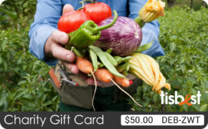 A TisBest Charity Gift Card design featuring the image of a farmer holding a bundle of fresh vegetables.