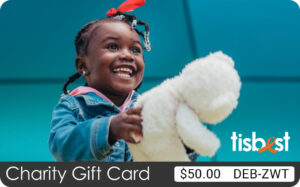 A TisBest Charity Gift Card featuring a cute image of a little girl holding a teddy bear.