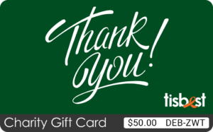 A TisBest Charity Gift Card that features a cheerful green and white "Thank You" design.