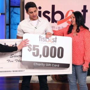 Sivert Klefsaas receives a TisBest check on The Ellen DeGeneres Show.