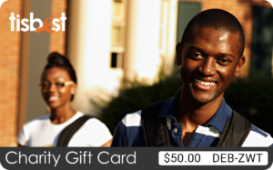 A TisBest Charity Gift Card featuring an image of two young college students.