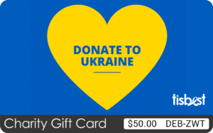 A TisBest Charity Gift Card featuring a "Donate to Ukraine" message in a yellow heart on a blue background. 