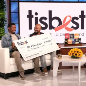 Pernell Cezar and Rod Johnson of BLK & Bold Coffee are presented with a TisBest check on The Ellen DeGeneres Show.