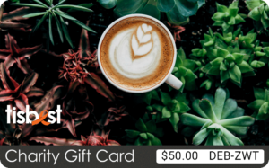 A TisBest Charity Gift Card featuring a botanical and coffee themed design.