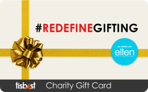 A TisBest Charity Gift Card featuring a #RedefineGifting design.