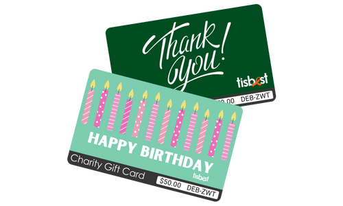 Two TisBest Charity Gift Cards featuring designs that can be used for client gifts. One card's design features a green and white "Thank You" inspired theme. The other card features a colorful "Happy Birthday" design. 