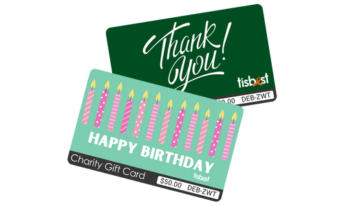 Two TisBest Charity Gift Cards featuring designs that can be used for client gifts. One card's design features a green and white "Thank You" inspired theme. The other card features a colorful "Happy Birthday" design.