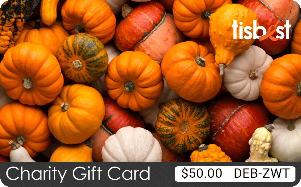 A TisBest Charity Gift Card featuring a festive, Thanksgiving themed design.