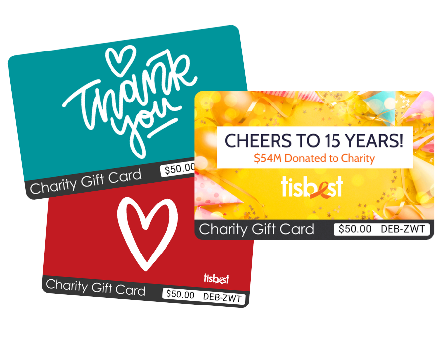 A cascade of three TisBest Charity Gift Cards featuring different colors and designs. 