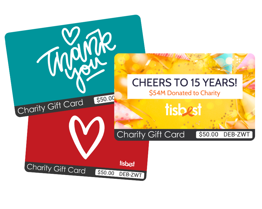A cascade of three TisBest Charity Gift Cards featuring different colors and designs.