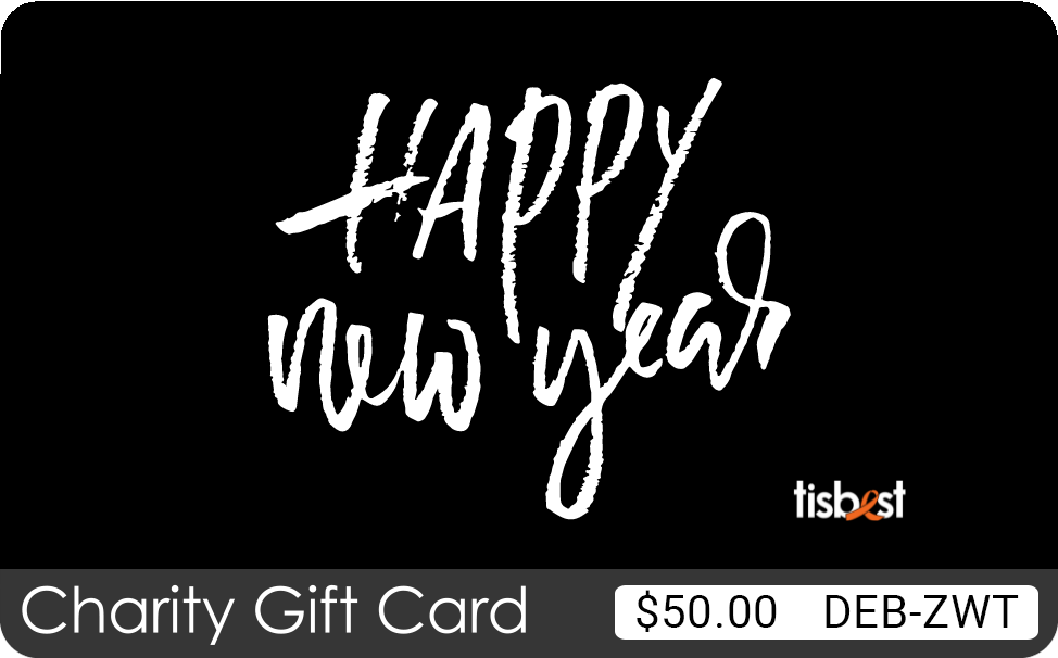 A TisBest Charity Gift Card featuring a black & white Happy New Year design.