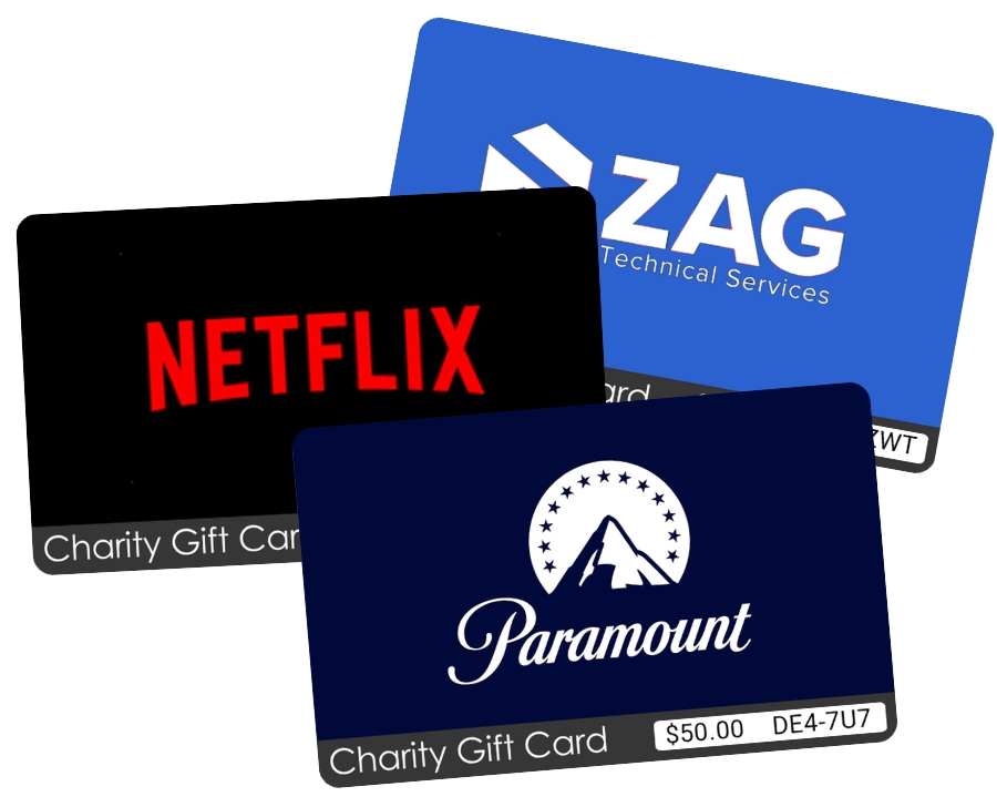 A stack of three company-branded TisBest Charity Gift Cards.