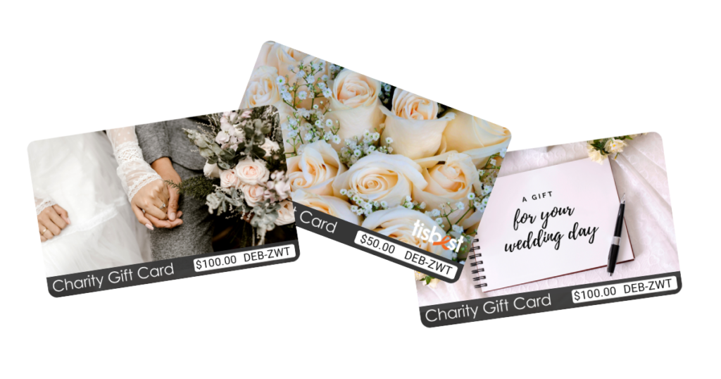 Three TisBest Charity Gift Cards, each featuring a different bridal themed design making them perfect to give as unique bridal shower favors. 