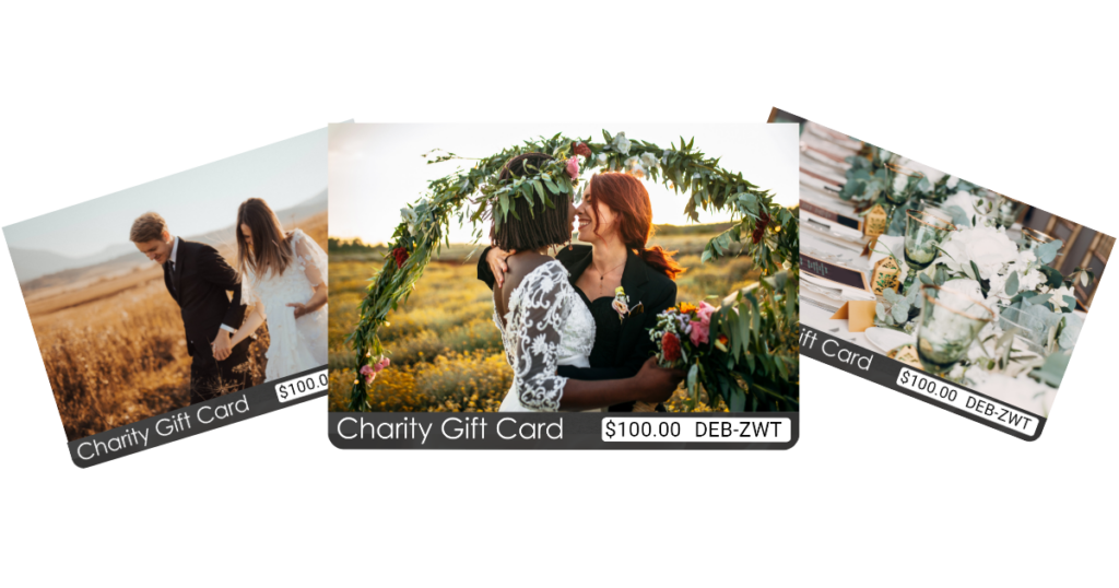 A series of three TisBest Charity Gift Cards customized to be used as unique wedding favors, with each card featuring a different wedding themed design. 