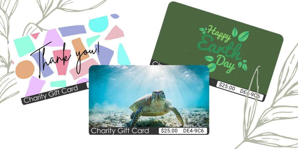 Three TisBest Charity Gift Cards, each featuring a different design.
