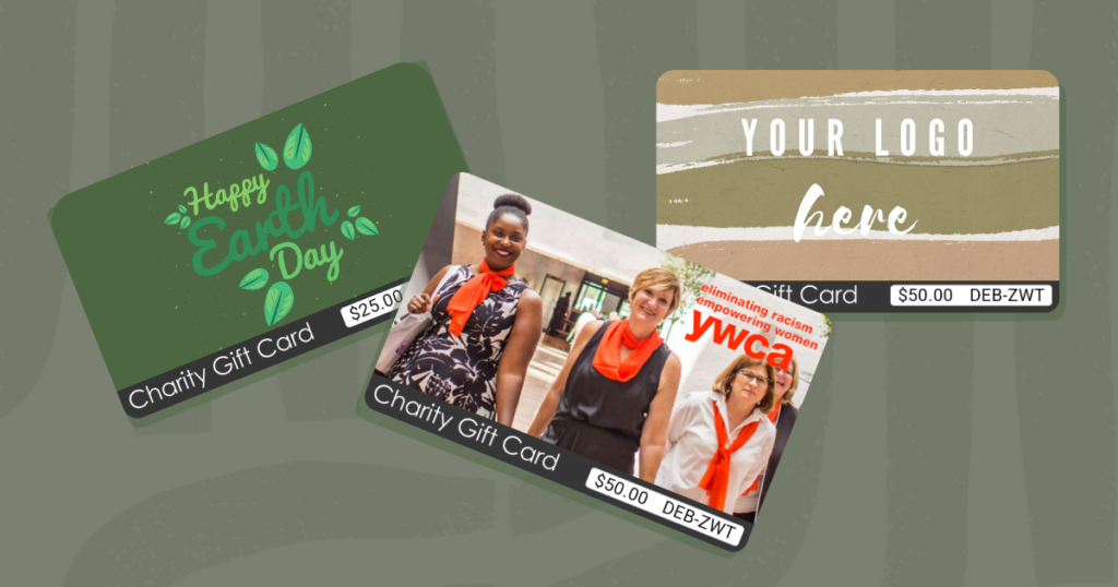 Three different TisBest Charity Gift Cards, each featuring a different designs. 