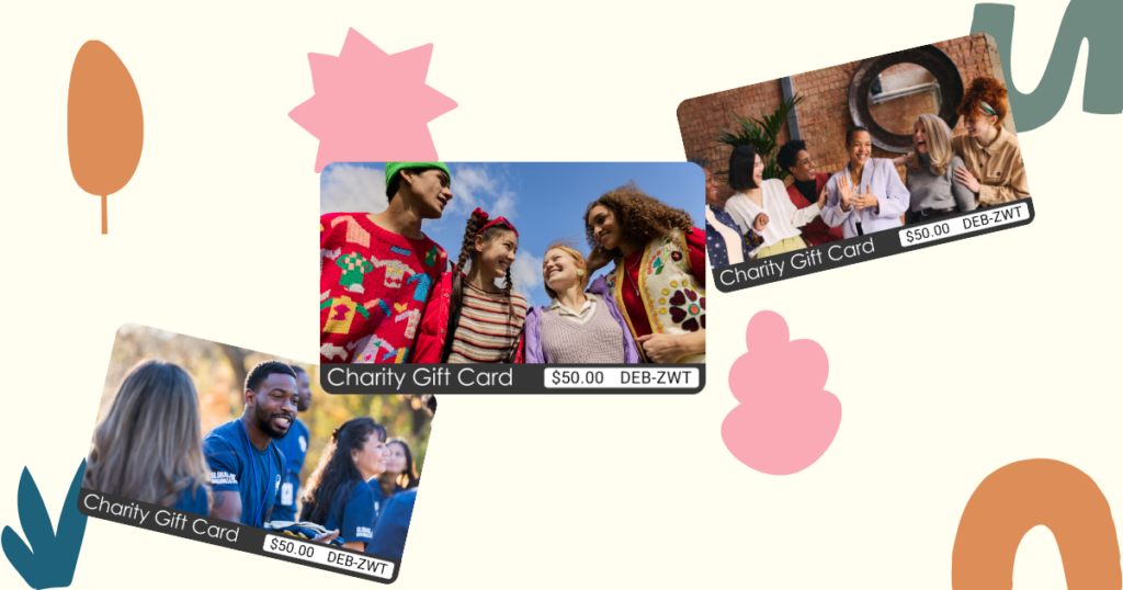 Three different TisBest Charity Gift Cards, each featuring a community related design.