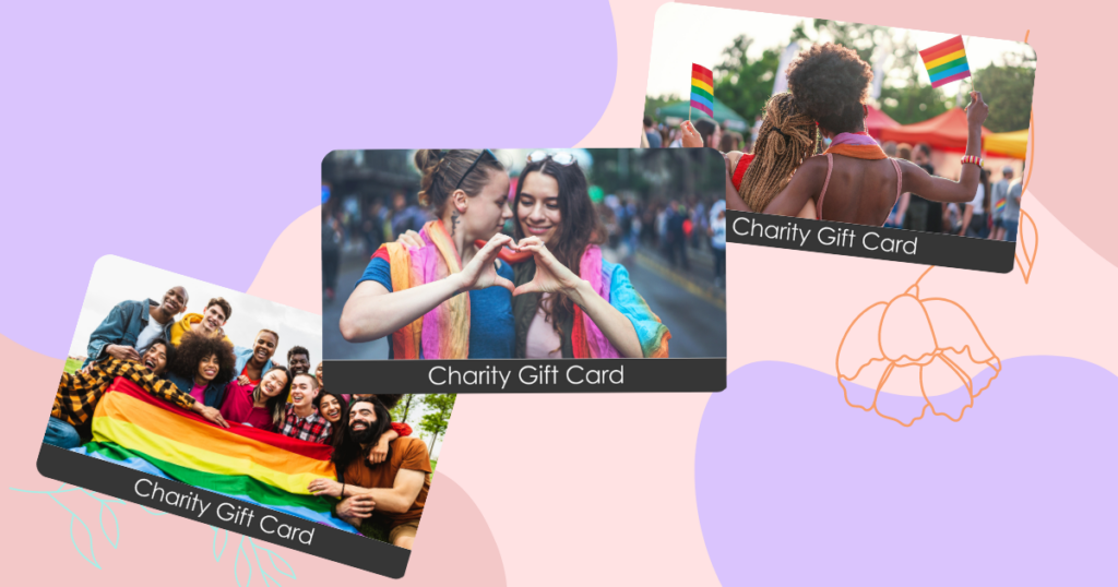 Three TisBest Charity Gift Cards, each featuring a unique design to support Pride Month.