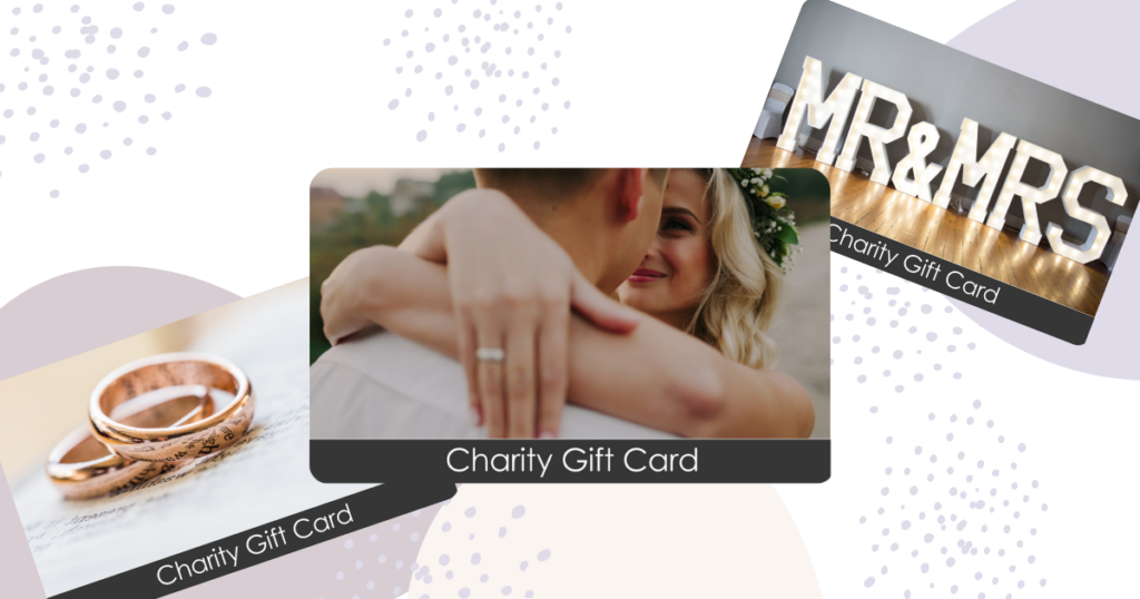Three TisBest Charity Gift Cards, each featuring a unique wedding-themed card design.