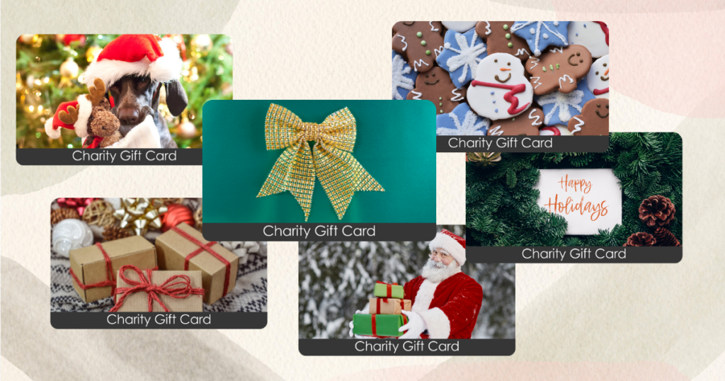 A grouping of six TisBest Charity Gift Cards, each featuring a different winter holiday inspired design. 
