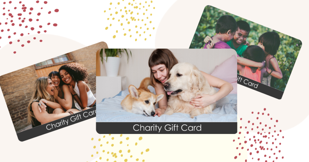 Three TisBest Charity Gift Cards, each featuring a different image card design that is personalized for each recipient.